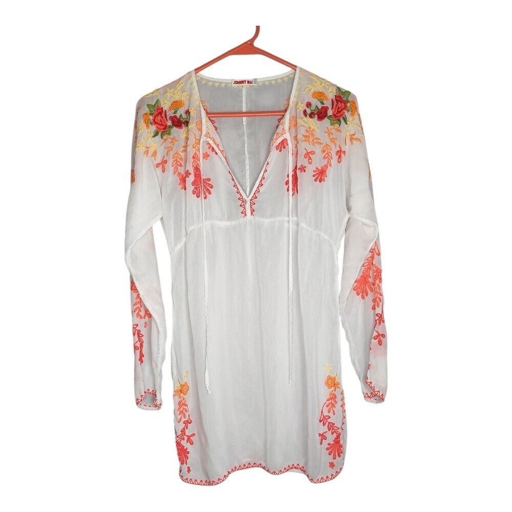 Johnny Was Top Blouse Tunic Women XS Small White Embroidered Floral Cupra Rayon